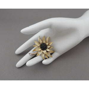 Vintage 1950s HAR Hargo Flower Brooch Pin - Off White Enamel with Black Crystals / Rhinestones, Gold Tone - Mid Century Signed Designer Costume Jewelry
