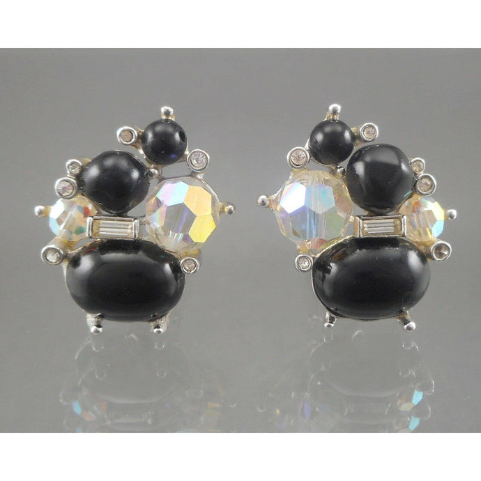 Vintage Marvella Clip Earrings AB Glass Bead Black Lucite Rhinestone Silver Tone