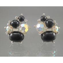 Load image into Gallery viewer, Vintage Marvella Clip Earrings AB Glass Bead Black Lucite Rhinestone Silver Tone