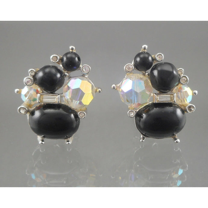 Vintage Marvella Clip Earrings AB Glass Bead Black Lucite Rhinestone Silver Tone