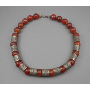 Vintage Handmade Syrian Middle East Necklace Red Quartz Carnelian Silver Beads