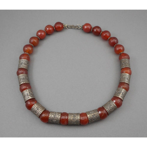 Vintage Handmade Syrian Middle East Necklace Red Quartz Carnelian Silver Beads