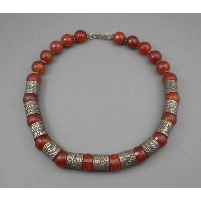 Vintage Handmade Syrian Middle East Necklace Red Quartz Carnelian Silver Beads