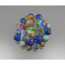 Load image into Gallery viewer, Large Vintage German Givre Glass Cluster Brooch - Carved Art Glass, Flocked Metal and Plastic Beads on Gold Tone Brass Filigree Pin - Blue Green Pink - West Germany
