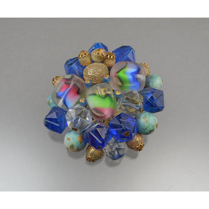 Large Vintage German Givre Glass Cluster Brooch - Carved Art Glass, Flocked Metal and Plastic Beads on Gold Tone Brass Filigree Pin - Blue Green Pink - West Germany