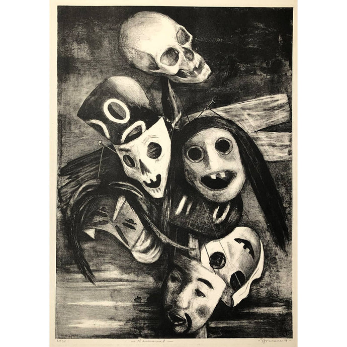 Benton Spruance Original Print - Memorial, 1949 - Lithograph, Signed, Limited Edition of 35 - Skulls and Masks, Death Theme