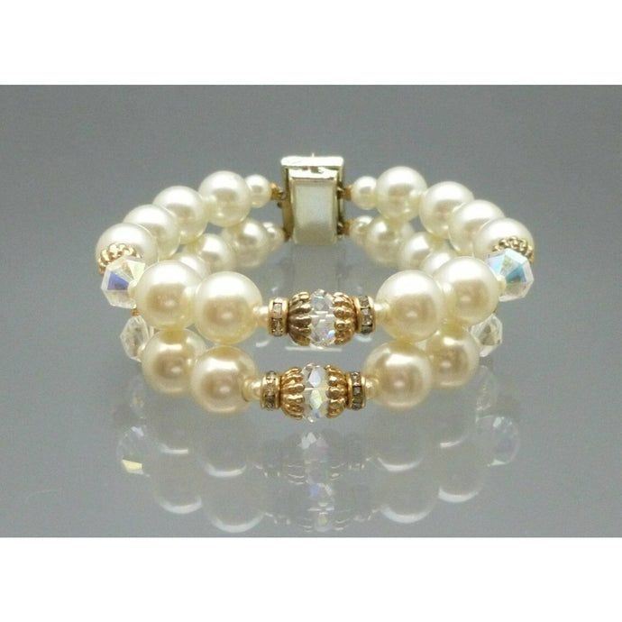 Vintage Faux Pearl AB Glass Bead Rhinestone Bracelet Aurora Borealis Rhinestones