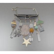 Load image into Gallery viewer, Vintage Handmade Linda Kaye Moses Brooch with Assorted Charms - Signed LKM - US Artisan Crafted Mixed Materials Pin - Circa 1980, Southwestern Style - Sterling Silver, Glass, Stone, Shell and Wood Charms