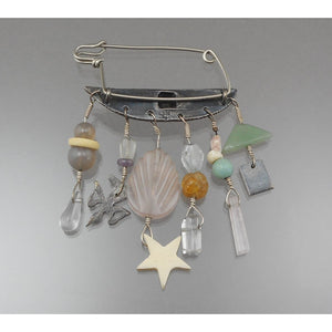 Vintage Handmade Linda Kaye Moses Brooch with Assorted Charms - Signed LKM - US Artisan Crafted Mixed Materials Pin - Circa 1980, Southwestern Style - Sterling Silver, Glass, Stone, Shell and Wood Charms