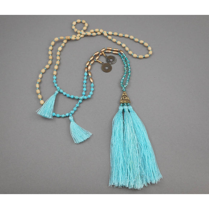 Vintage Amulet Style Fashion Necklace - Tassels and Chinese Coin Replicas - Turquoise, Wood and Glass Beads - Aqua, Blue, Green, Tan, Bronze, Gold