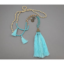 Load image into Gallery viewer, Vintage Amulet Style Fashion Necklace - Tassels and Chinese Coin Replicas - Turquoise, Wood and Glass Beads - Aqua, Blue, Green, Tan, Bronze, Gold