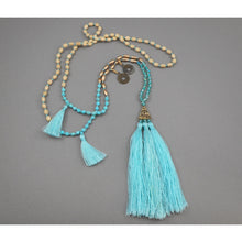 Load image into Gallery viewer, Vintage Amulet Style Fashion Necklace - Tassels and Chinese Coin Replicas - Turquoise, Wood and Glass Beads - Aqua, Blue, Green, Tan, Bronze, Gold