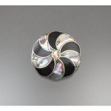 Load image into Gallery viewer, Vintage Mexican Artisan Abalone Brooch / Pendant - Alpaca Silver (Alloy), Inlaid Shell, Black Enamel Pin - Pinwheel, Flower Design - Hand Made in Mexico