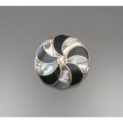 Vintage Mexican Artisan Abalone Brooch / Pendant - Alpaca Silver (Alloy), Inlaid Shell, Black Enamel Pin - Pinwheel, Flower Design - Hand Made in Mexico