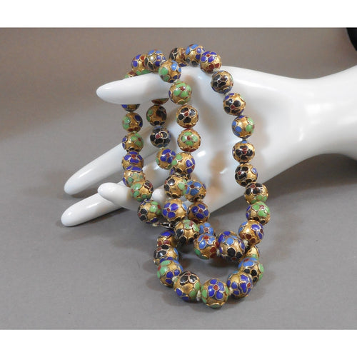 Vintage Cloisonne Enamel Chinese Bead Matinee Length Necklace Gold Green Blue Red Flower
