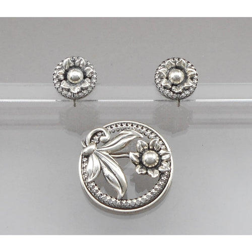 Vintage 1950s Danecraft Screw Back Earrings and Brooch Set - Sterling Silver with Daisies - Mid Century, Victorian Revival Style, Flower Design - Signed Designer Estate Collection Jewelry
