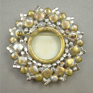 Large Antique or Vintage Czech Pressed Glass Floral Cameo Brooch with Roses - Gold Tone and Rhinestone Pin - Faux Topaz and Ruby Stones