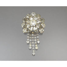 Load image into Gallery viewer, Large Vintage 1950s Rhinestone Dangle Brooch / Pendant - Flower Pin with Chain Fringe - Silver Tone, Clear Round and Marquise Stones