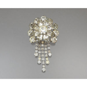 Large Vintage 1950s Rhinestone Dangle Brooch / Pendant - Flower Pin with Chain Fringe - Silver Tone, Clear Round and Marquise Stones