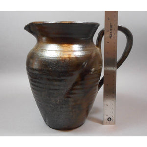 Gudrun Halldorsdottir Ceramic Pitcher, Iceland, 1996 - Hand Thrown Artisan Pottery - Brown, Green Earth Tone and Gunmetal Metallic Glaze