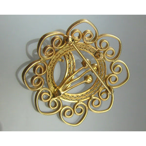 Vintage 1950s Mid Century Modern Brooch Pin - Genuine Pearl, 12K Gold Filled Filigree - Flowers, Leaf, Wreath and Hearts