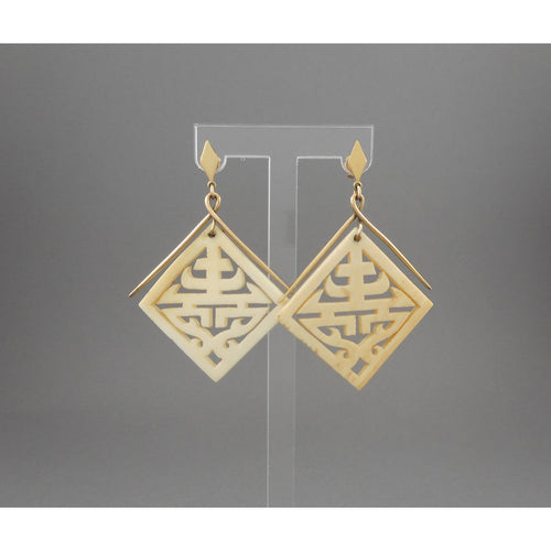 Vintage 1960s or 70s Signed Wells Dangle Earrings - 14K Gold Filled, Faux Ivory Plastic - Asian Chinese Style Design Symbol - Posts, For Pierced Ears