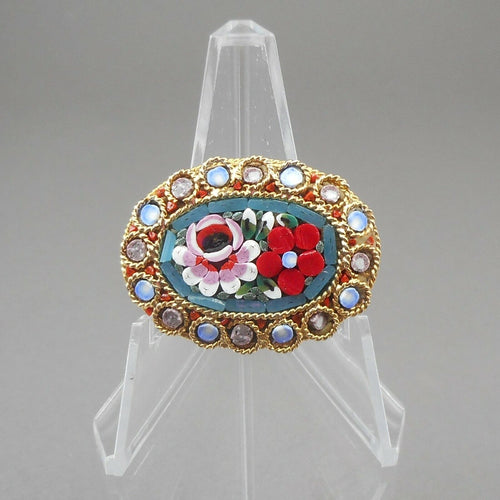 Vintage Italian Glass Micro Mosaic Brooch Pin Gold Tone Oval Flowers Italy Green