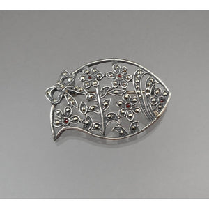 Vintage Sterling * Silver Marcasite Pin Brooch Red Faux Garnet Stones Flowers Floral Design Fish Shape