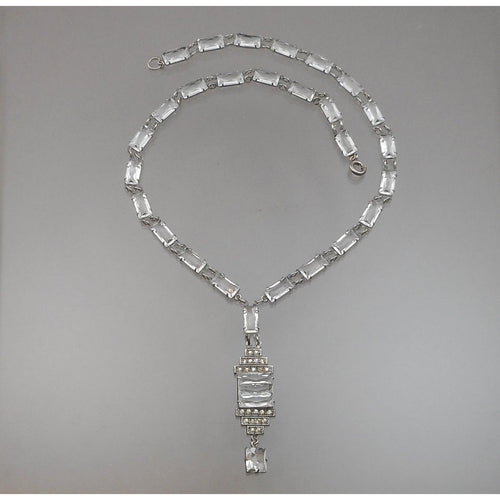 Antique Circa 1920 - 1930 Rock Crystal, Paste Rhinestone and Sterling Silver Necklace Art Deco Era Victorian Revival Style Chain and Pendant