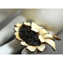 Load image into Gallery viewer, Vintage 1950s HAR Hargo Sunflower Brooch - Off White Enamel Flower Pin with Black Crystals / Rhinestones, Gold Tone - Mid Century Signed Designer Costume Jewelry