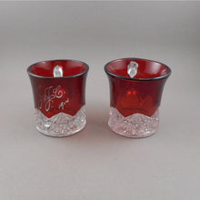 Load image into Gallery viewer, Antique Souvenir Ruby Stain Glass Mini Mug Collection - Lot of 4 Edwardian Etched Red Flash Souvenir Pressed Glass Cups - Chicago, JJC, Luvinia Archer