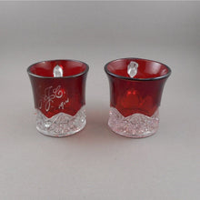 Load image into Gallery viewer, Antique Souvenir Ruby Stain Glass Mini Mug Collection - Lot of 4 Edwardian Etched Red Flash Souvenir Pressed Glass Cups - Chicago, JJC, Luvinia Archer