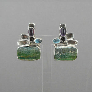 Vintage Handmade Modernist Design Clip On Earrings -  Signed YP - Sterling Silver with Natural Stones, Blue, Green, Purple