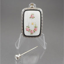 Load image into Gallery viewer, Antique or Vintage Rose and Bee Perfume Flask - Guilloche Enamel and Sterling Silver Bottle - French Style Floral - White, Black, Pink  - Early 20th Century by Webster