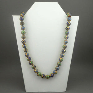 Vintage Cloisonne Enamel Chinese Bead Matinee Length Necklace Gold Green Blue Red Flower