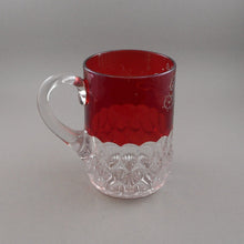 Load image into Gallery viewer, Large Antique 1892 Souvenir Ruby Red Flash Pressed Glass Etched Tillie Mug Cup