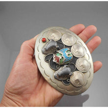 Load image into Gallery viewer, Vtg Navajo Native American * Belt Buckle Silver Buffalo Nickels Turquoise Eagle