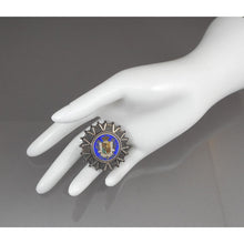 Load image into Gallery viewer, Antique Victorian Era Silver Coin Brooch - Enameled William IV 1836 Half Crown Replica - Sterling or Coin Silver * - Cobalt Blue, White and Green