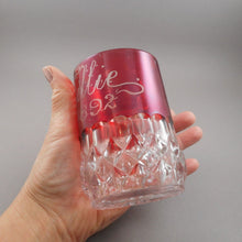 Load image into Gallery viewer, Large Antique 1892 Souvenir Ruby Red Flash Pressed Glass Etched Tillie Mug Cup