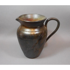 Gudrun Halldorsdottir Ceramic Pitcher, Iceland, 1996 - Hand Thrown Artisan Pottery - Brown, Green Earth Tone and Gunmetal Metallic Glaze