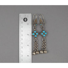 Load image into Gallery viewer, Antique or Vintage Middle Eastern Artisan Turquoise and Silver Dangle Earrings - Chains and Bell Beads with Flower and Leaf Design - Wires for Pierced Ears - Handmade Ethnic, Tribal, Bedouin Jewelry