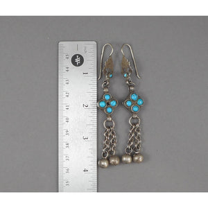 Antique or Vintage Middle Eastern Artisan Turquoise and Silver Dangle Earrings - Chains and Bell Beads with Flower and Leaf Design - Wires for Pierced Ears - Handmade Ethnic, Tribal, Bedouin Jewelry