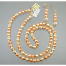 Load image into Gallery viewer, Vintage Napier Faux Pearl Gold Tone Chain Necklace Post Earrings Peach Off White