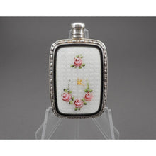 Load image into Gallery viewer, Antique or Vintage Rose and Bee Perfume Flask - Guilloche Enamel and Sterling Silver Bottle - French Style Floral - White, Black, Pink  - Early 20th Century by Webster