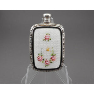 Antique or Vintage Rose and Bee Perfume Flask - Guilloche Enamel and Sterling Silver Bottle - French Style Floral - White, Black, Pink  - Early 20th Century by Webster