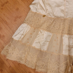 Antique Tiered Ivory Silk and Ecru Lace Petticoat - Early 20th Century - Large Size Half Slip