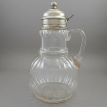 Load image into Gallery viewer, Antique EAPG Syrup Pitcher Dispenser Glass Hinged Metal Pewter Finish Lid Spout