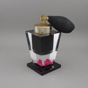 Vintage 1940s / 50s Evans Perfume Atomizer - Clear and Black Lucite Scent Bottle with Encased Pink Rose