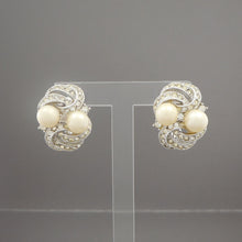 Load image into Gallery viewer, Vintage 1950s Rhinestone Clip On / Screw Back Earrings with Faux Pearls, Silver Tone - Formal, Wedding