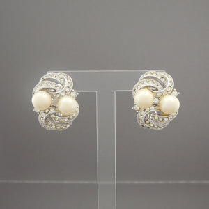 Vintage 1950s Rhinestone Clip On / Screw Back Earrings with Faux Pearls, Silver Tone - Formal, Wedding
